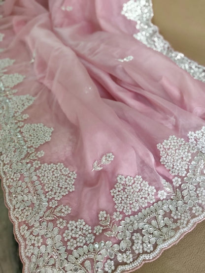 Zynah Organza Silk Saree with Cut-dana Work, Pearls, Beads, Gotapatti Work; Custom Stitched/Ready-made Blouse, Fall, Petticoat; Shipping available USA, Worldwide