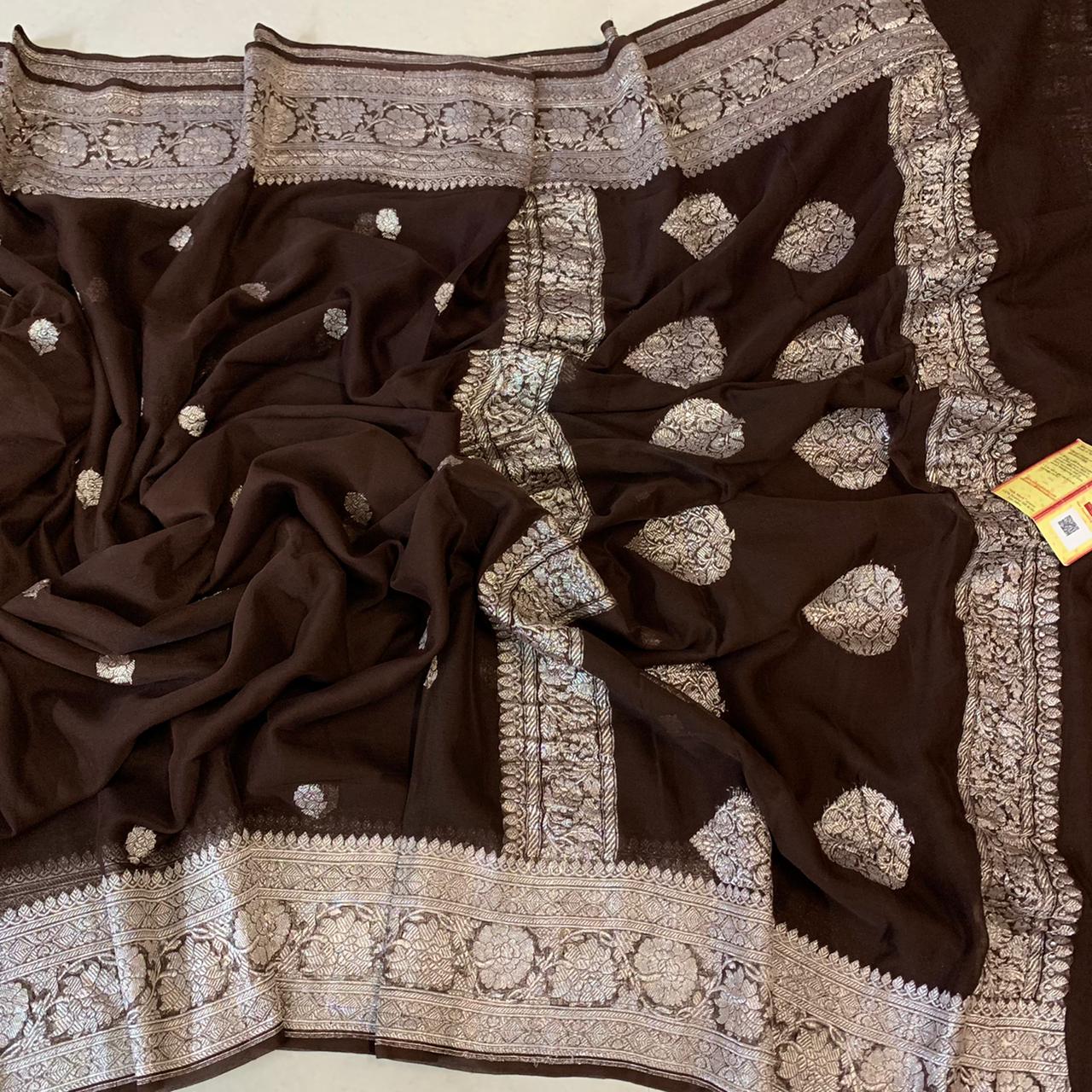 Zynah Pure Khaddi Georgette Saree with Zari Weave & Silk-mark Certificate; Custom Stitched/Ready-made Blouse, Fall, Petticoat; Shipping available USA, Worldwide