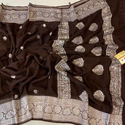 Zynah Pure Khaddi Georgette Saree with Zari Weave & Silk-mark Certificate; Custom Stitched/Ready-made Blouse, Fall, Petticoat; Shipping available USA, Worldwide