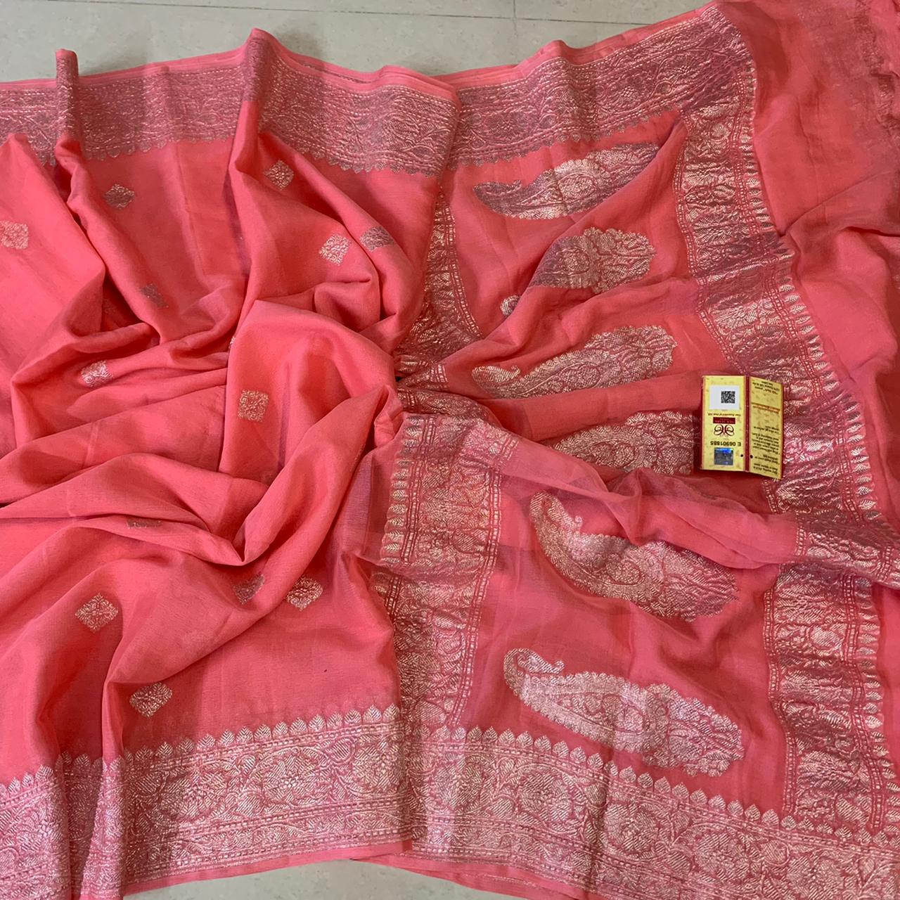 Zynah Pure Khaddi Georgette Saree with Zari Weave & Silk-mark Certificate; Custom Stitched/Ready-made Blouse, Fall, Petticoat; Shipping available USA, Worldwide