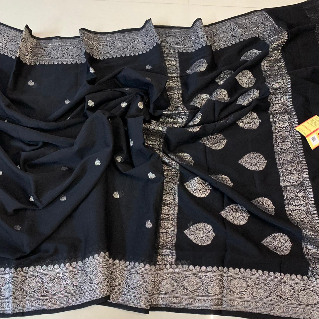 Zynah Pure Khaddi Georgette Saree with Zari Weave & Silk-mark Certificate; Custom Stitched/Ready-made Blouse, Fall, Petticoat; Shipping available USA, Worldwide