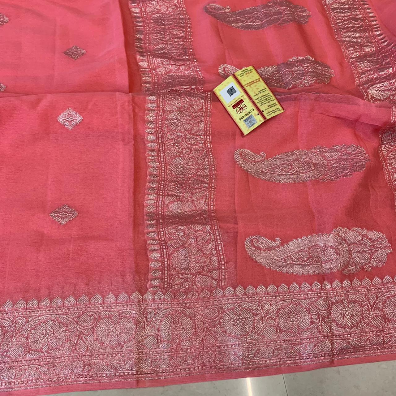 Zynah Pure Khaddi Georgette Saree with Zari Weave & Silk-mark Certificate; Custom Stitched/Ready-made Blouse, Fall, Petticoat; Shipping available USA, Worldwide