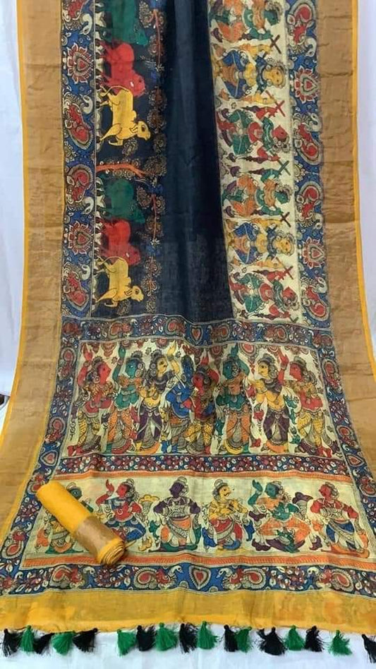 Zynah Organic Pure Linen by Linen(120c) Kalamkari Saree with Digital Prints; Custom Stitched/Ready-made Blouse, Fall, Petticoat; Shipping available USA, Worldwide