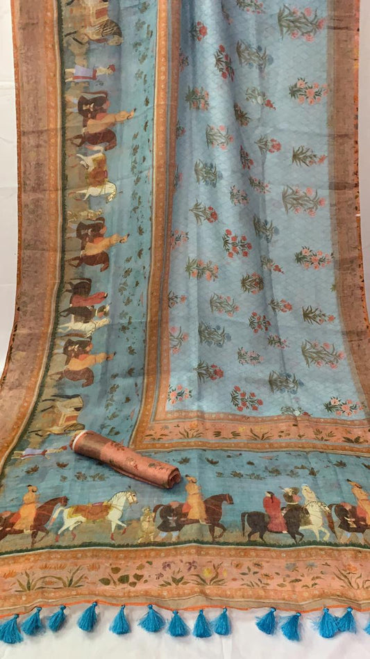 Zynah Organic Pure Linen by Linen(120c) Saree with Digital Kalamkari Prints; Custom Stitched/Ready-made Blouse, Fall, Petticoat; Shipping available USA, Worldwide