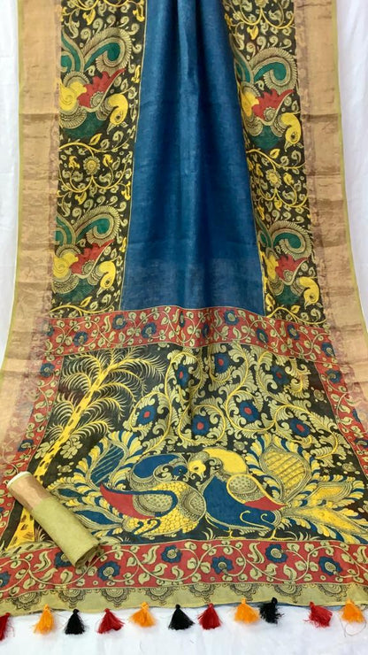 Zynah Organic Pure Linen by Linen(120c) Saree with Digital Kalamkari Prints; Custom Stitched/Ready-made Blouse, Fall, Petticoat; Shipping available USA, Worldwide