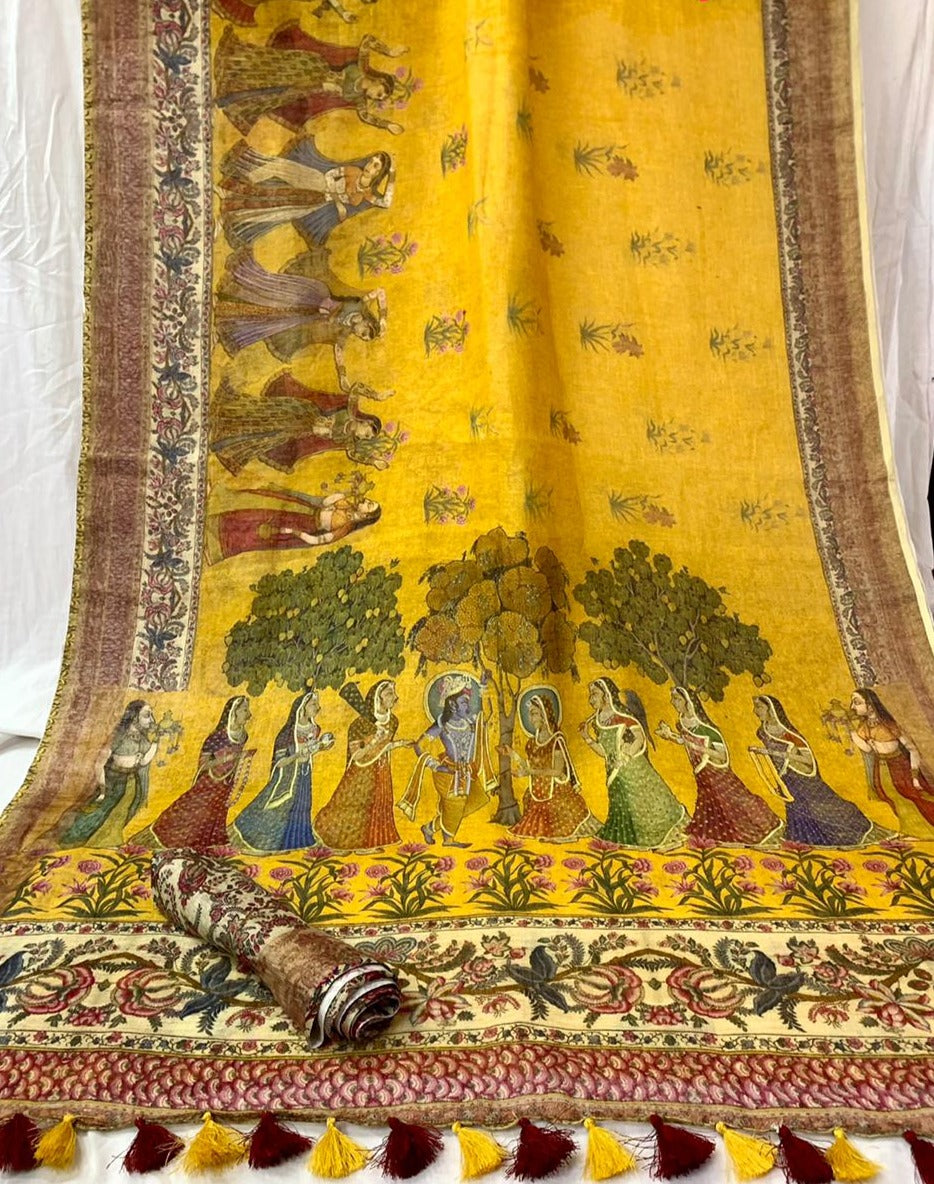 Zynah Organic Pure Linen by Linen(120c) Saree with Digital Kalamkari Prints; Custom Stitched/Ready-made Blouse, Fall, Petticoat; Shipping available USA, Worldwide
