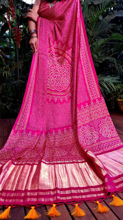 Zynah Gajji Silk Bandhani Saree with Zari Pallu; Custom Stitched/Ready-made Blouse, Fall, Petticoat; Shipping available USA, Worldwide