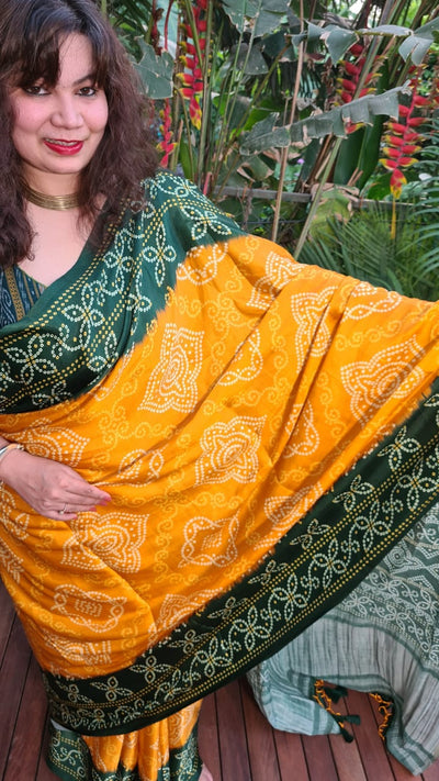 Zynah Gajji Silk Bandhani Saree with Zari Pallu; Custom Stitched/Ready-made Blouse, Fall, Petticoat; Shipping available USA, Worldwide