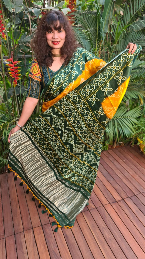Zynah Gajji Silk Bandhani Saree with Zari Pallu; Custom Stitched/Ready-made Blouse, Fall, Petticoat; Shipping available USA, Worldwide