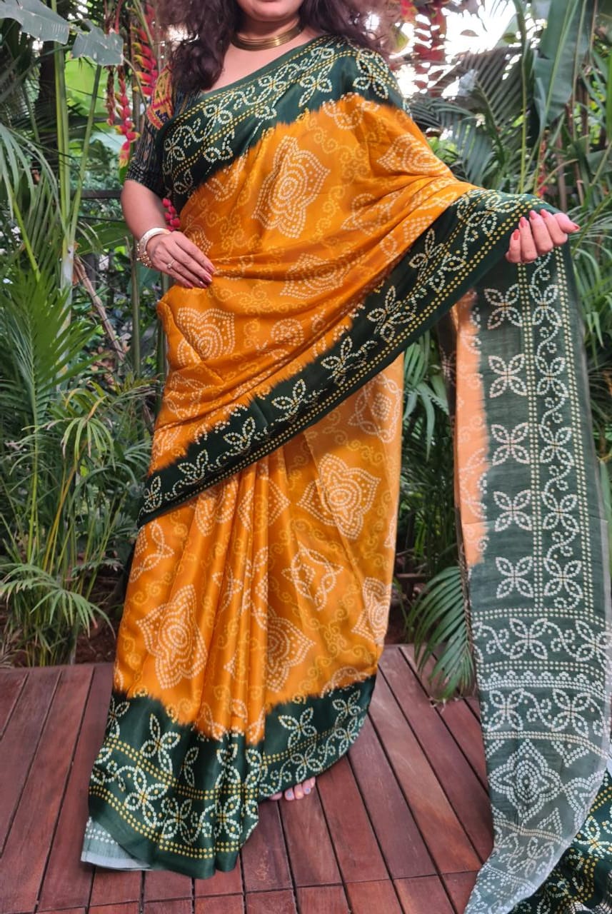 Zynah Gajji Silk Bandhani Saree with Zari Pallu; Custom Stitched/Ready-made Blouse, Fall, Petticoat; Shipping available USA, Worldwide