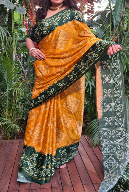 Zynah Gajji Silk Bandhani Saree with Zari Pallu; Custom Stitched/Ready-made Blouse, Fall, Petticoat; Shipping available USA, Worldwide