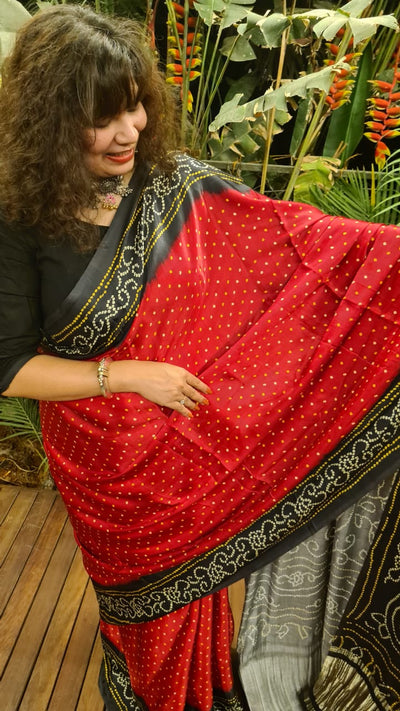 Zynah Gajji Silk Bandhani Saree with Zari Pallu; Custom Stitched/Ready-made Blouse, Fall, Petticoat; Shipping available USA, Worldwide