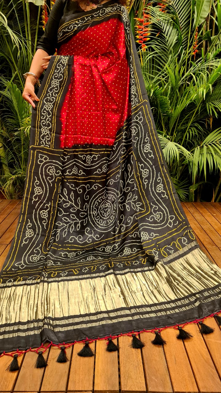 Zynah Gajji Silk Bandhani Saree with Zari Pallu; Custom Stitched/Ready-made Blouse, Fall, Petticoat; Shipping available USA, Worldwide