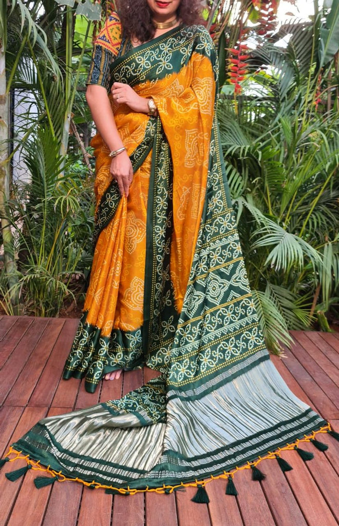 Zynah Gajji Silk Bandhani Saree with Zari Pallu; Custom Stitched/Ready-made Blouse, Fall, Petticoat; Shipping available USA, Worldwide