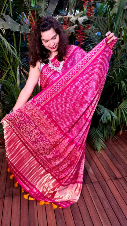 Zynah Gajji Silk Bandhani Saree with Zari Pallu; Custom Stitched/Ready-made Blouse, Fall, Petticoat; Shipping available USA, Worldwide