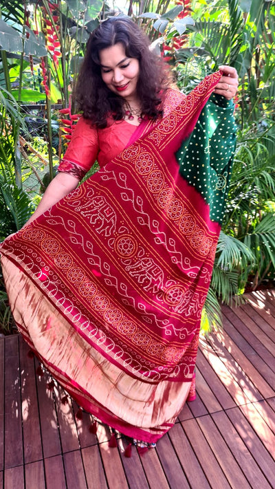 Zynah Gajji Silk Bandhani Saree with Zari Pallu; Custom Stitched/Ready-made Blouse, Fall, Petticoat; Shipping available USA, Worldwide