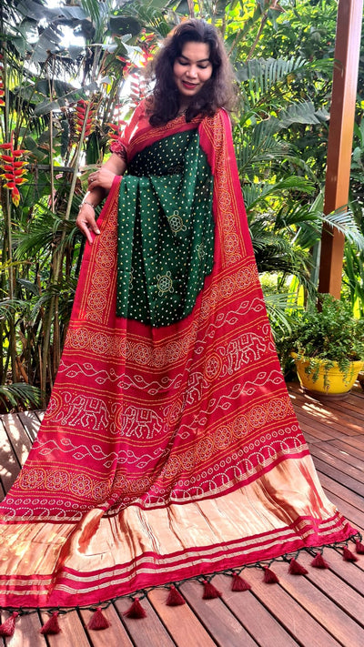 Zynah Gajji Silk Bandhani Saree with Zari Pallu; Custom Stitched/Ready-made Blouse, Fall, Petticoat; Shipping available USA, Worldwide