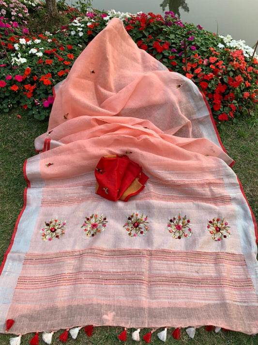 Zynah Pure Linen(120c) Handcrafted Saree with Hand Embroidery; Custom Stitched/Ready-made Blouse, Fall, Petticoat; Shipping available USA, Worldwide