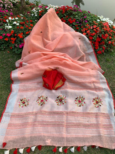 Zynah Pure Linen(120c) Handcrafted Saree with Hand Embroidery; Custom Stitched/Ready-made Blouse, Fall, Petticoat; Shipping available USA, Worldwide