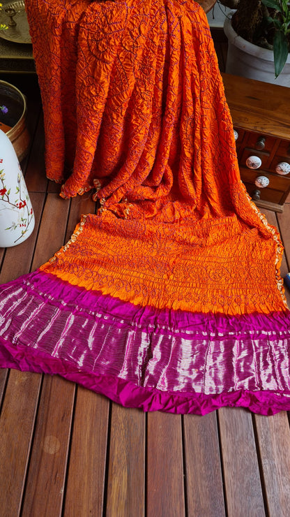 Zynah Pure Gajji Silk Designer Bandhani Saree with Tissue Pallu; Custom Stitched/Ready-made Blouse, Fall, Petticoat; Shipping available USA, Worldwide
