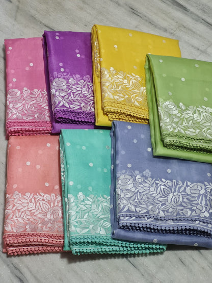 Zynah Pure Organza Handcrafted Saree with Parsi Inspired Embroidery & Crochet Lace; Custom Stitched/Ready-made Blouse, Fall, Petticoat; Shipping available USA, Worldwide