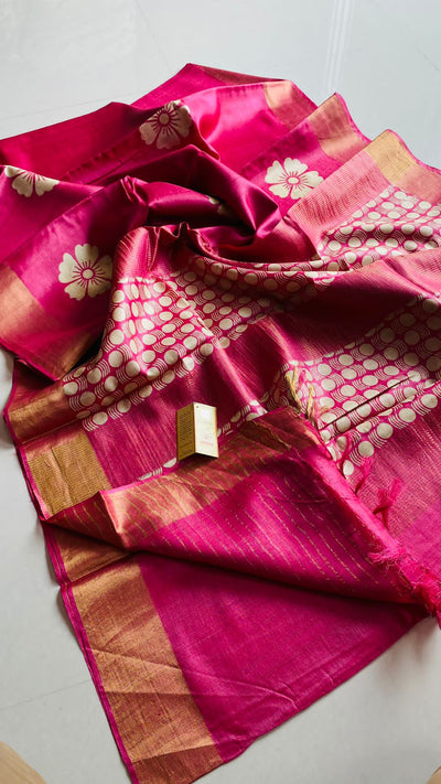 Zynah Pure Tussar Silk Saree with Hand-block Prints; Custom Stitched/Ready-made Blouse, Fall, Petticoat; Shipping available USA, Worldwide