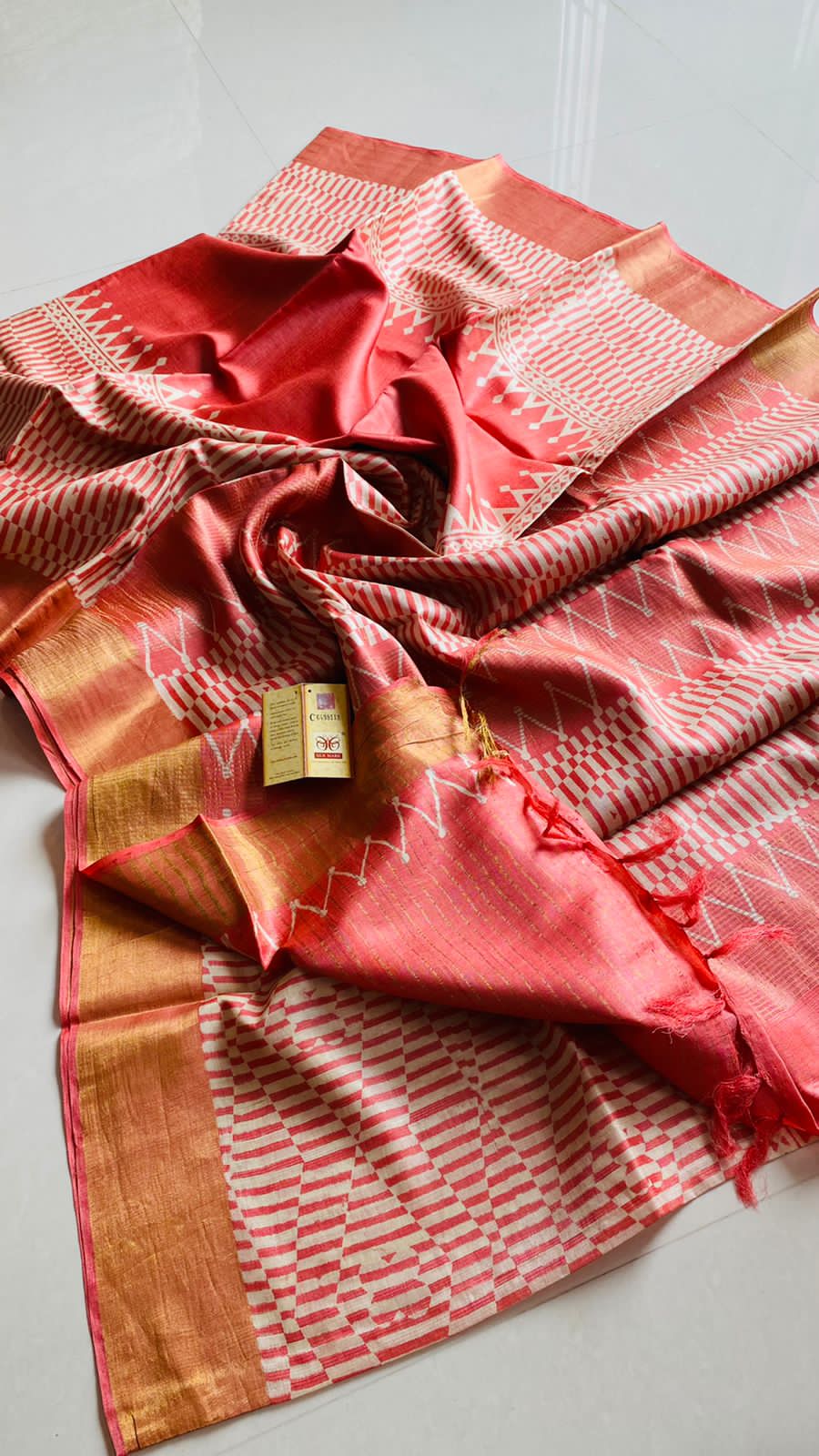 Zynah Pure Tussar Silk Saree with Hand-block Prints; Custom Stitched/Ready-made Blouse, Fall, Petticoat; Shipping available USA, Worldwide