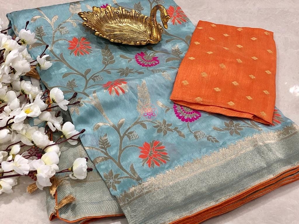 Zynah Banarasi Munga Pure Crepe Silk Saree with Meenakari Weave & Contrast Blouse-piece; Custom Stitched/Ready-made Blouse, Fall, Petticoat; Shipping available USA, Worldwide