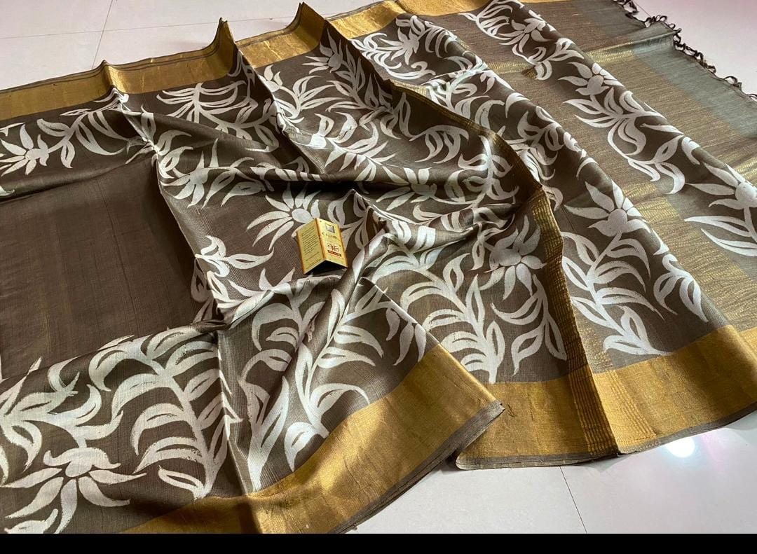 Zynah Pure Tussar Silk Hand-painted Saree; Custom Stitched/Ready-made Blouse, Fall, Petticoat; Shipping available USA, Worldwide