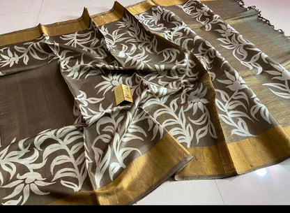 Zynah Pure Tussar Silk Hand-painted Saree; Custom Stitched/Ready-made Blouse, Fall, Petticoat; Shipping available USA, Worldwide