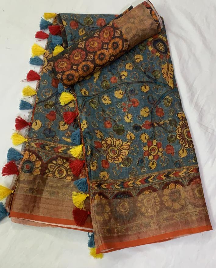 Zynah Organic Pure Linen by Linen(120c) Saree with Digital Kalamkari Prints; Custom Stitched/Ready-made Blouse, Fall, Petticoat; Shipping available USA, Worldwide