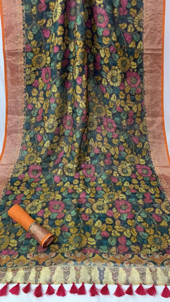 Zynah Organic Pure Linen by Linen(120c) Saree with Digital Kalamkari Prints; Custom Stitched/Ready-made Blouse, Fall, Petticoat; Shipping available USA, Worldwide