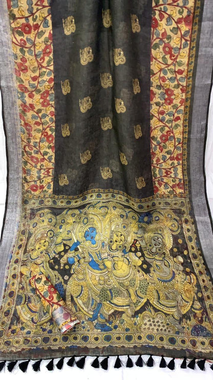 Zynah Organic Pure Linen by Linen(120c) Saree with Digital Kalamkari Prints; Custom Stitched/Ready-made Blouse, Fall, Petticoat; Shipping available USA, Worldwide