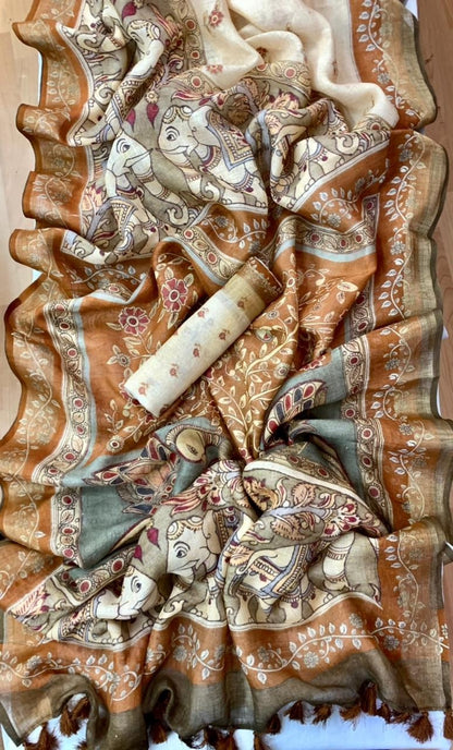 Zynah Organic Pure Linen by Linen(120c) Saree with Digital Kalamkari Prints; Custom Stitched/Ready-made Blouse, Fall, Petticoat; Shipping available USA, Worldwide