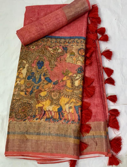 Zynah Organic Pure Linen by Linen(120c) Saree with Digital Kalamkari Prints; Custom Stitched/Ready-made Blouse, Fall, Petticoat; Shipping available USA, Worldwide