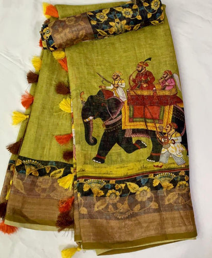 Zynah Organic Pure Linen by Linen(120c) Kalamkari Saree with Digital Prints; Custom Stitched/Ready-made Blouse, Fall, Petticoat; Shipping available USA, Worldwide