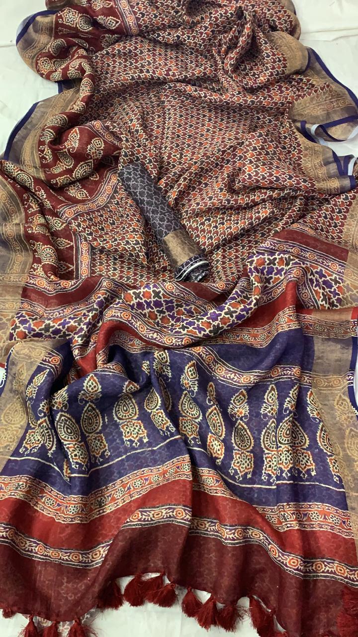 Zynah Organic Pure Linen by Linen(120c) Ajrakh Printed Saree; Custom Stitched/Ready-made Blouse, Fall, Petticoat; Shipping available USA, Worldwide