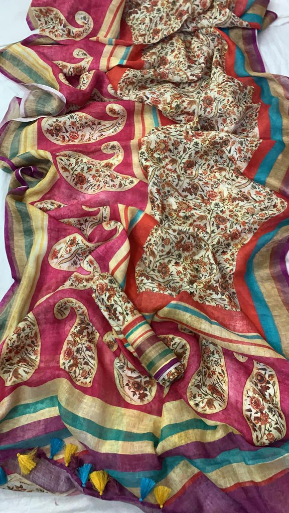 Zynah Organic Pure Linen by Linen(120c) Kalamkari Saree with Digital Prints; Custom Stitched/Ready-made Blouse, Fall, Petticoat; Shipping available USA, Worldwide