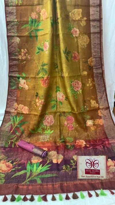 Zynah Pure Tussar Silk Saree with Digital Kalamkari Prints; Custom Stitched/Ready-made Blouse, Fall, Petticoat; Shipping available USA, Worldwide