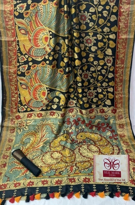 Zynah Pure Tussar Silk Saree with Digital Kalamkari Prints; Custom Stitched/Ready-made Blouse, Fall, Petticoat; Shipping available USA, Worldwide