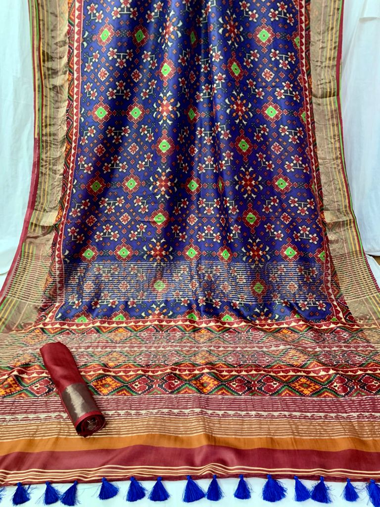 Zynah Pure Tussar Silk Patan Patola Printed Bhishnupuri Handloom Saree with Zari Border; Custom Stitched/Ready-made Blouse, Fall, Petticoat; Shipping available USA, Worldwide