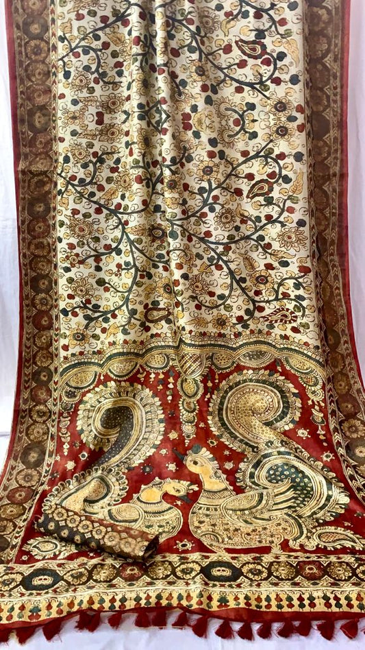 Zynah Pure Tussar Silk Saree with Digital Kalamkari Prints; Custom Stitched/Ready-made Blouse, Fall, Petticoat; Shipping available USA, Worldwide