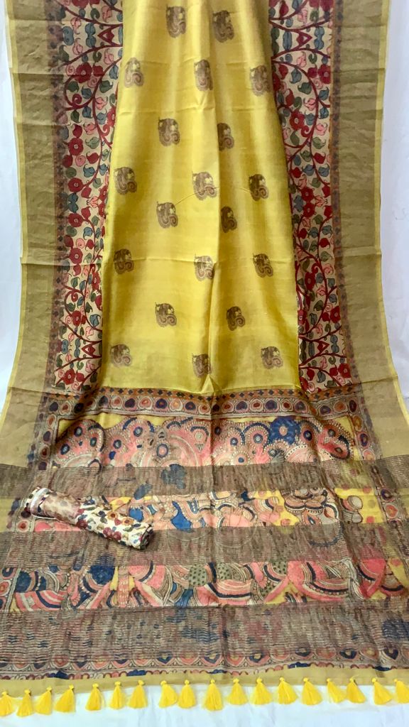Zynah Pure Tussar Silk Saree with Digital Kalamkari Prints; Custom Stitched/Ready-made Blouse, Fall, Petticoat; Shipping available USA, Worldwide