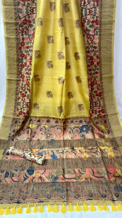 Zynah Pure Tussar Silk Saree with Digital Kalamkari Prints; Custom Stitched/Ready-made Blouse, Fall, Petticoat; Shipping available USA, Worldwide