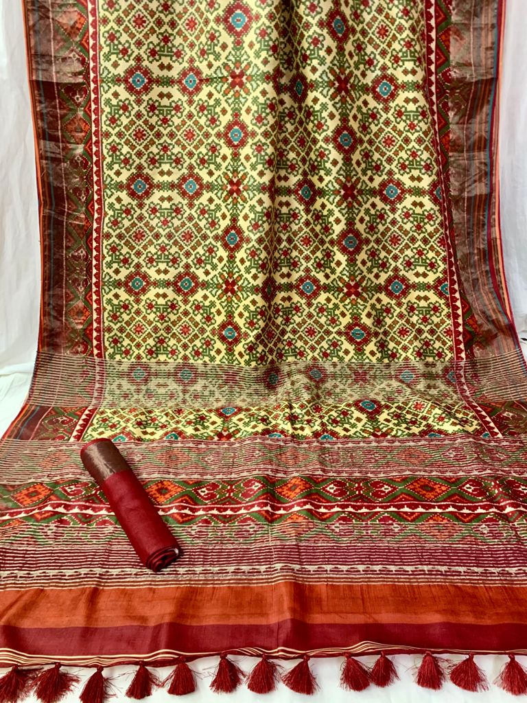 Zynah Pure Tussar Silk Patan Patola Printed Bhishnupuri Handloom Saree with Zari Border; Custom Stitched/Ready-made Blouse, Fall, Petticoat; Shipping available USA, Worldwide