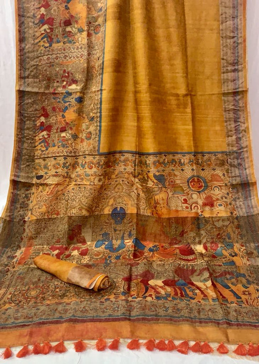 Zynah Pure Tussar Silk Saree with Digital Kalamkari Prints; Custom Stitched/Ready-made Blouse, Fall, Petticoat; Shipping available USA, Worldwide