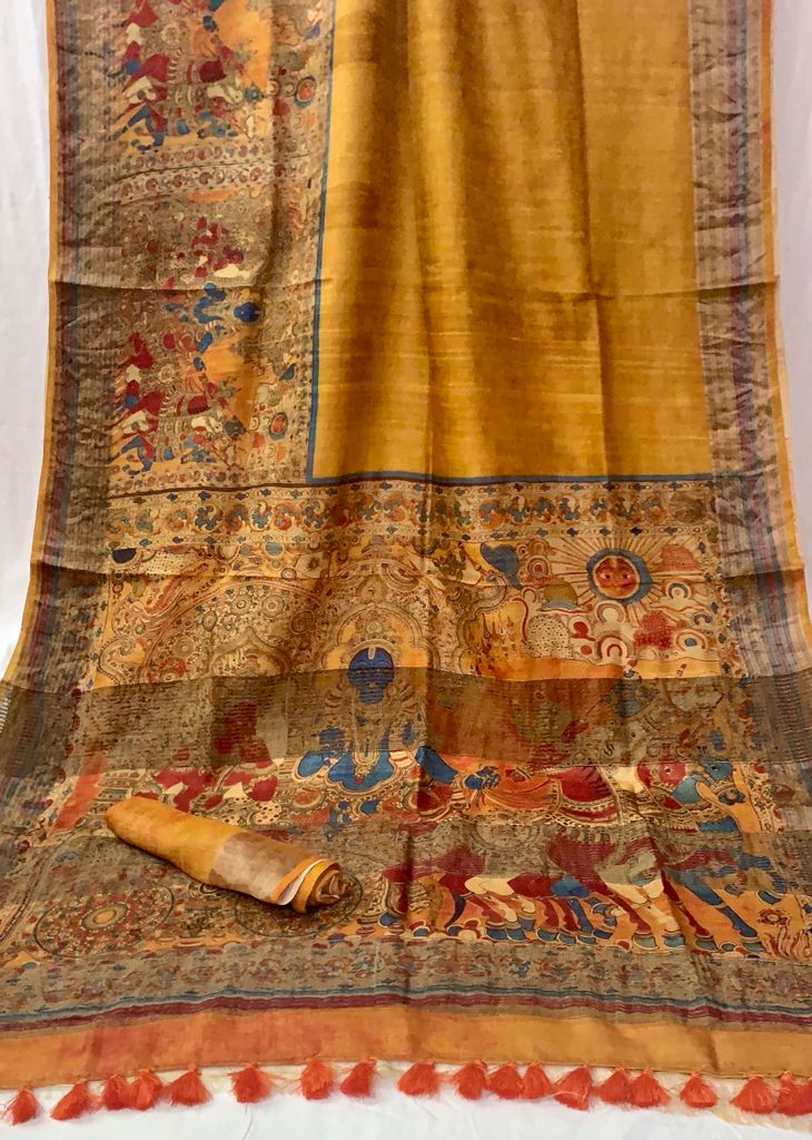 Zynah Pure Tussar Silk Saree with Digital Kalamkari Prints; Custom Stitched/Ready-made Blouse, Fall, Petticoat; Shipping available USA, Worldwide