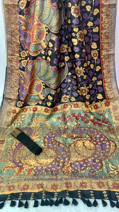 Zynah Pure Tussar Silk Saree with Digital Kalamkari Prints; Custom Stitched/Ready-made Blouse, Fall, Petticoat; Shipping available USA, Worldwide