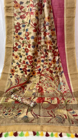 Zynah Pure Tussar Silk Saree with Digital Kalamkari Prints; Custom Stitched/Ready-made Blouse, Fall, Petticoat; Shipping available USA, Worldwide
