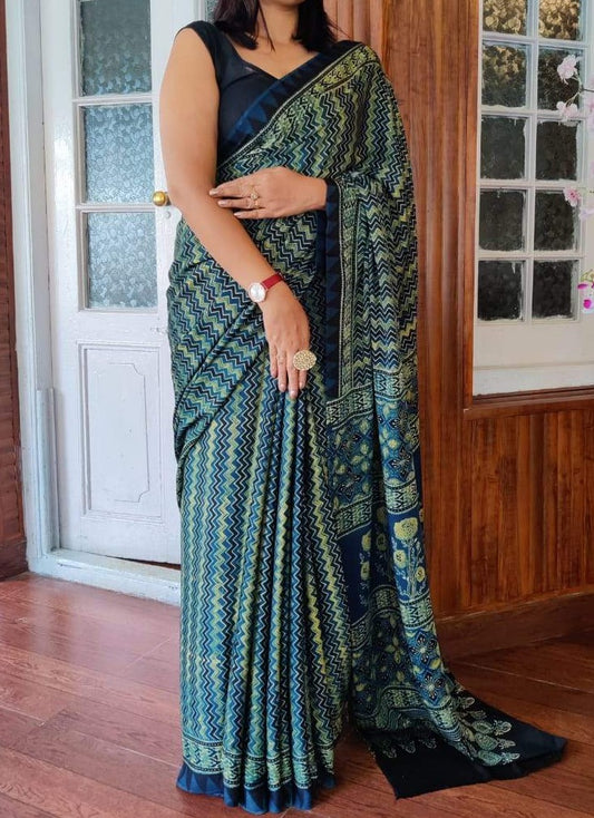 Zynah Pure Modal Silk Ajrakh Saree with Handblock Prints; Custom Stitched/Ready-made Blouse, Fall, Petticoat; Shipping available USA, Worldwide